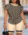 Women Summer Short Sleeve Top and Shorts Set Geometric Print Casual Outfit Chic Apparel - S / Top And Bottom / Khaki Maze Print