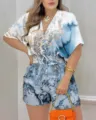 Mujer verano manga corta cuello V cordón estampado mármol mono casual de moda - S / Estampado Floral Blanco