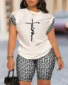 Summer women fashion outfit set short sleeve t-shirt and geometric print shorts casual wear. - S / Top And Bottom / White Letter Print