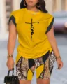 Women casual two-piece set short sleeve round neck top and leopard print pants outfit. - S / Top And Bottom / Yellow Floral