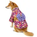 Japanese style pet kimono for dogs and cats with purple floral fan print and large bow. - Purple (Yellow Belt Style)