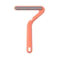 Portable pet hair remover comb with double-sided metal teeth and coral pink plastic handle. - Orange