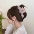 Koreanischer Chiffon Mesh Perlen Blumen Haarklammer für elegante Frisuren im Alltag - Q12-1# Beigepink Weicher Netzstoff Blume Krallenclip