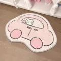 Cute pink car shaped bedroom floor mat with lovely cat driving design, soft and cozy surface. - White Cat Baby Bus