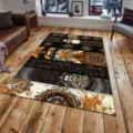 Detailed view of the luxury black and gold pattern area rug set in a modern living room. - QDJD Tiger-15