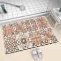 Detailed close-up view of bohemian floral diatomaceous earth bath mat for bathroom. - 40*60cm (Diatom Mud Rubber Base) / 12226YSDD-2