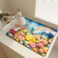 Detailed view of the 3D floral absorbent draining mat styled on a bright cozy kitchen table. - 3D Floral 09