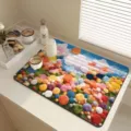 Close-up detail of the 3D floral absorbent drying mat placed on a clean kitchen countertop. - 3D Floral 07