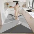 Leather kitchen floor mat, modern grey geometric pattern with gold lines, anti-slip water-resistant. - Geometric Pattern 01