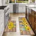 Sunflower kitchen mat scene detail, rustic wood floor design, non-slip absorbent two-piece set - 40*60cm+40*120cm / Sunflower