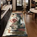 Detailed shot of a long kitchen runner rug with a scenic mountain and deer pattern in a home. - American Retro 05