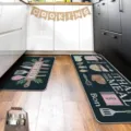 Vintage kitchen mat detail showing cute cooking utensils pattern and textured anti-slip surface. - 1116CFD-15