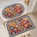 Detailed view of bohemian geometric patterned bathroom floor mats set in a modern home setting. - Classic American 06