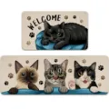 Kitchen mat set featuring cute cartoon cats and welcome text, non-slip absorbent floor mat. - 1116CFD-18