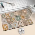 Absorbent diatomite bath mat with vintage tile pattern for bathroom floor non slip safety. - 12226YSDD-10