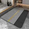 Minimalist diatomite bathroom floor mat, grey and black with houndstooth and yellow stripe. - Qian Sheng
