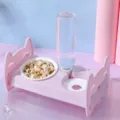 Pink double pet bowl with automatic water bottle dispenser, cute cat ear design for pets. - Purple