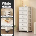 White 6-layer plastic storage drawer cabinet with wheels and knobs for compact home organization. - 6 Layers / Cream White