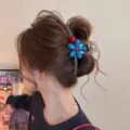 Koreanische blaue Blumen Haarklammer aus Harz fuer modische Damen Alltagsfrisuren Stile. - Große Haarklammer (Graue Basis) / 13cm / Blau