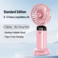 Mini ventilatore portatile ricaricabile con display digitale e supporto da tavolo. - Modello con Base di Supporto / Rosa