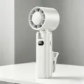 White portable rechargeable mini waist clip fan with digital display for outdoor use. - Ice Cooling Style (100 Gears / Clip) / Moonlight White