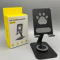 Black metal phone stand with cute cat paw design, 360-degree rotation, foldable for easy desktop use. - Phone Style / Black with Cat Claw