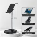 Metal weighted base desktop phone and tablet stand with adjustable height and overhead view. - TS13 Large Telescopic Style / Black