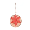 Christmas wooden snowflake hanging ornament, rustic natural log slice with red decor. - Red