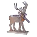 Holz Weihnachtsrenztier Tischdekoration rustikales Deko Ornament mit Karo Schleife Glocke - Langhorn-Stil (MSC044)