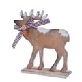 Weihnachtsdeko Holz Rentier Tischdekoration mit Karoband und Glocke fuer Festtagsambiente - Kurzhorn-Stil (MSC044)