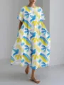 Loose casual women long dress with 3D digital print and peace elements for daily wear. - S / Dove Element Style