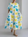 Casual loose maxi dress featuring a vibrant 3D dove and leaf print, comfortable summer wear. - S / Blue Yellow Dove Style
