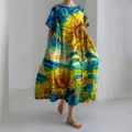 Artistic sunflower print dress detail view, showcasing vibrant digital floral pattern. - S / Starry Sunflower Style