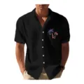 Dettaglio camicia manica corta nera da uomo, con colletto e tasca con palme. - XS / ML255121135-5