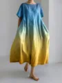Detail shot of the loose blue to yellow gradient short sleeve dress showing fabric drape. - Blue Yellow Gradient Style