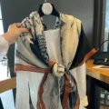 Oversized square scarf with abstract wave pattern and chic orange border stylish 130cm. - 8# Orange Seahorse