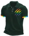 Men's Dark Green Polo Shirt with Rainbow Claw Print and Contrast Striped Cuffs Top - 3XL / Tops / Dark Green