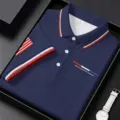 Polo homme manches courtes bleu marine business décontracté rayé revers t-shirt - S / Bleu foncé