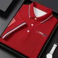 Polo homme manches courtes décontracté affaires coupe slim col rabattu haut rayé rouge - Rouge