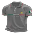 Men's grey short sleeve polo shirt with Mexico flag print and casual 3D design style. - 3XL / Tops / Gray