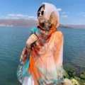 Summer thin beach sun protection large scarf shawl, elegant leaf print design for women. - 180x130cm / 1# Orange & Blue Leaves