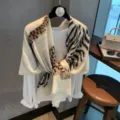Retro leopard print shawl scarf for women luxury fashion vintage style lightweight chic wrap - White