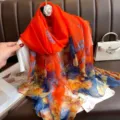 Colorful floral print silk scarf, lightweight sheer beach shawl for summer sun protection. - 180x130cm / 19# Peach Blossom Orange