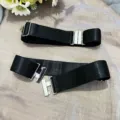 Detail view of adjustable black elastic anti-slip thigh bands with silver metal buckles for boots. - Black 1 Pair