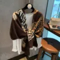 American retro leopard print shawl for women, stylish old money style scarf with elegant design. - Coffee