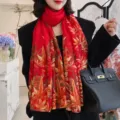 Red silk scarf for women, lightweight beach sunscreen shawl, elegant maple leaf print wrap. - 180x130cm / 24# Red Maple Leaf