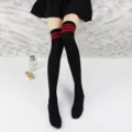 Japanese JK style three stripe over the knee black socks detail shot showing knit fabric. - Knee-high Black with Red Stripes