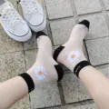 Cute Japanese sheer glass silk socks with daisy embroidery, breathable summer crystal socks. - One Size / Black