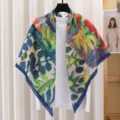 French retro print large square scarf elegant gauze sun protection shawl lightweight neck wrap - #6 - Blue Watercolor Painting