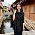 Solid black oversized lightweight shawl, versatile soft cotton gauze scarf for beach and travel. - Black